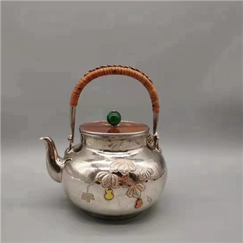 新品~鹤庆银器 镜面葫芦刻绘壶约577克