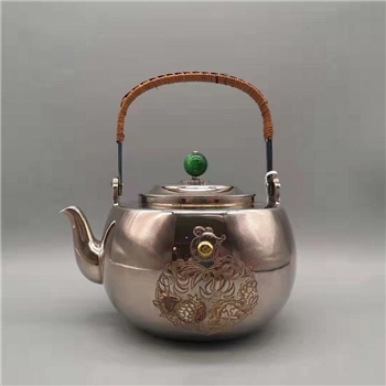新品~鹤庆银器 镜面福鼠刻绘壶纯手工约546克