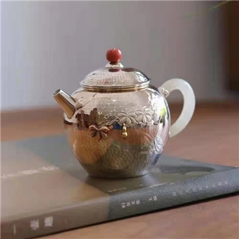 新品~鹤庆银器 玉柄刻绘葫芦小泡壶纯手工约113克