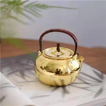 新品~鹤庆银器 镀金锤纹提梁镀金小泡壶纯手工约145克