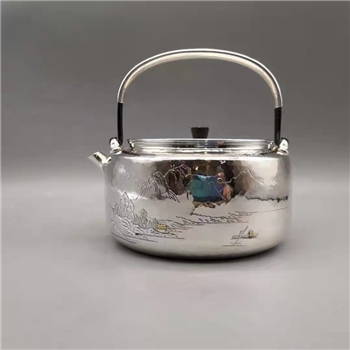 新品~鹤庆银器 复古锤纹山水壶纯手工约520克
