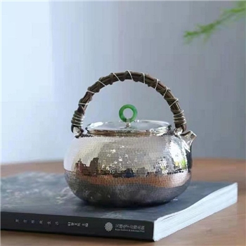 新品~鹤庆银器 碧玉摘藤编提梁银壶纯手工约300克