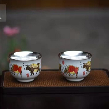 新品-鹤庆银器 瓷包银杯约140ml